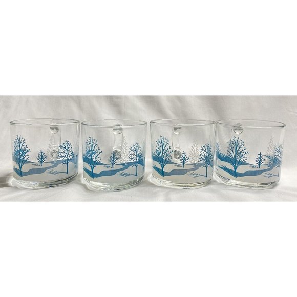 Anchor Hocking Clear Glass Coffee Tea Cups Mugs Winter Blue Scene Trees - Picture 4 of 7